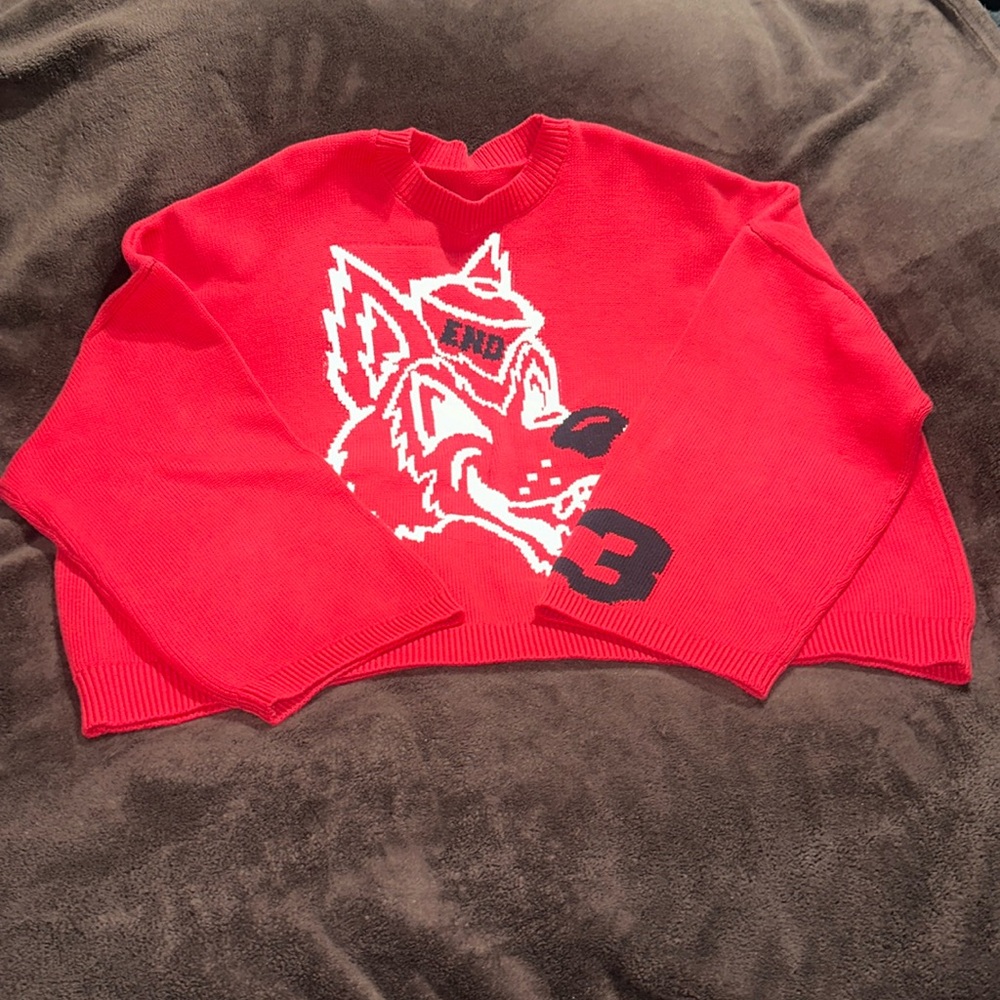 END DAYS CROPPED RED SWEATER: Mens size L/XL.